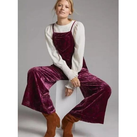 Free People Red Burgundy Cropped Weekender Chrushed Velvet Overalls XS - Picture 1 of 5